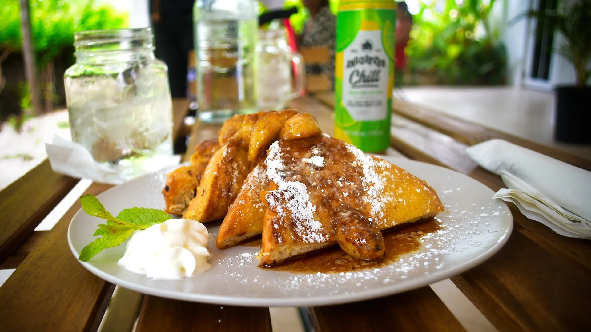 The Spot signature dishes  Banana French Toast, Quiche, Biscuit.